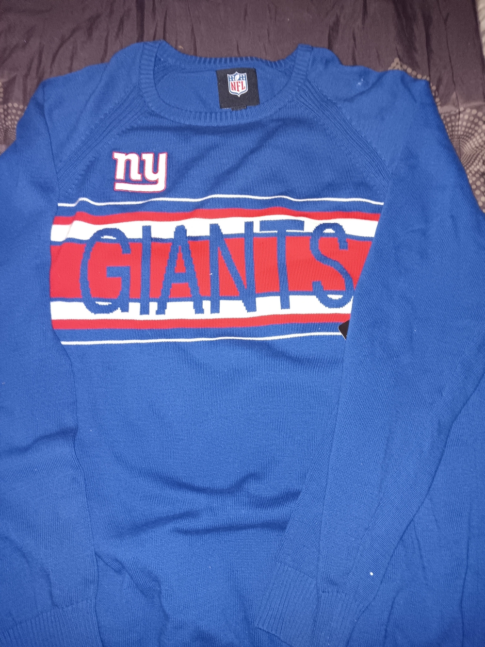 NFL New York Giants Royal Blue Crewneck Sweater with Red & White Stripes Retro